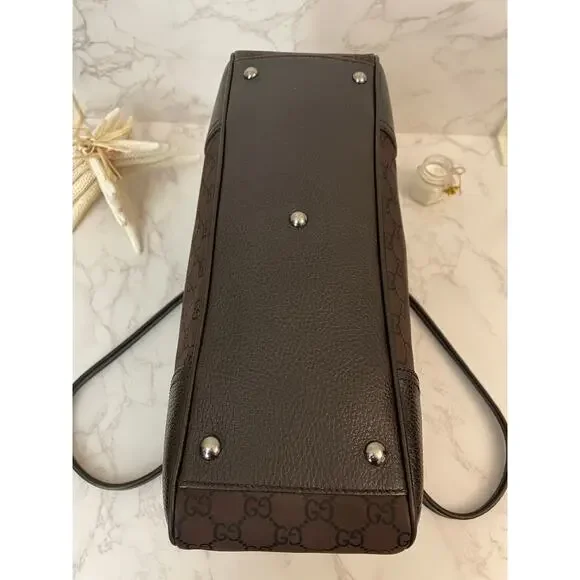 GUCCI Princy Sherry Line GG Canvas Brown Leather Trim Handbag, Dust Bag EUC - Picture 13 of 14